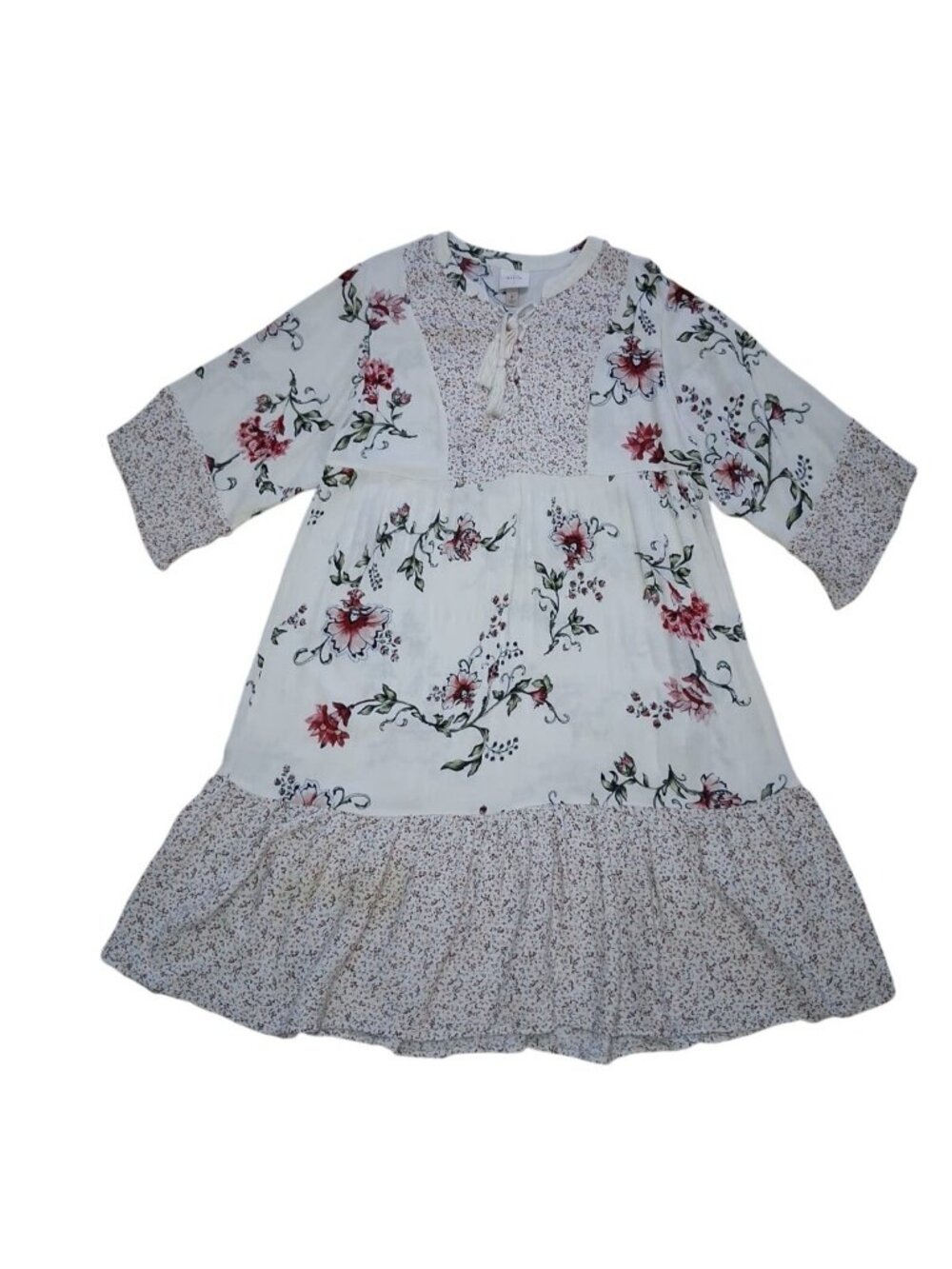 Knox Rose Floral Boho Dress Ruffle Hem 3/4 Sleeve Size M